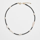 Black and white beaded necklace with black spinel and freshwater pearls