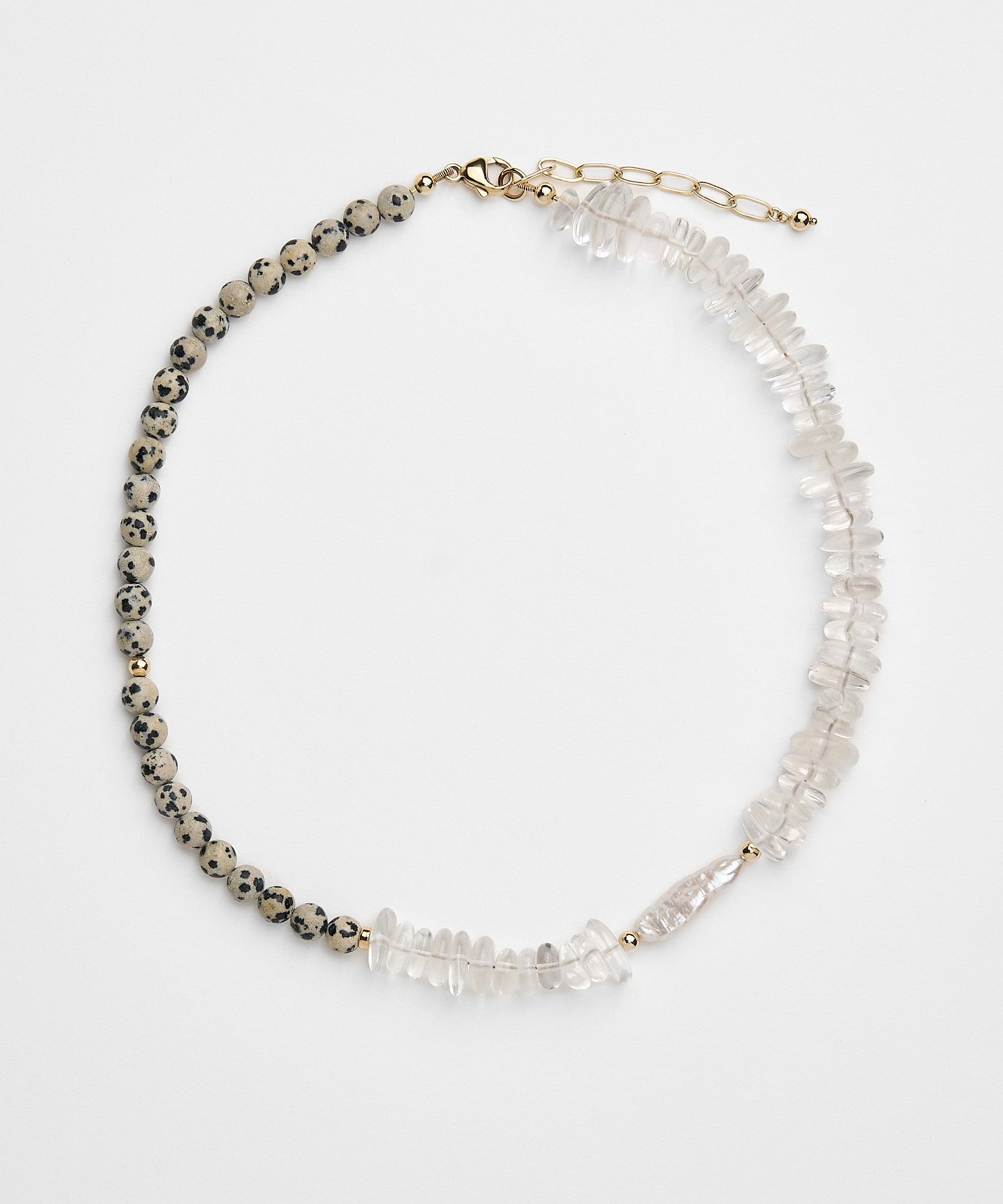 Statement beaded necklace with dalmatian jasper, crystal quartz and freshwater pearl.