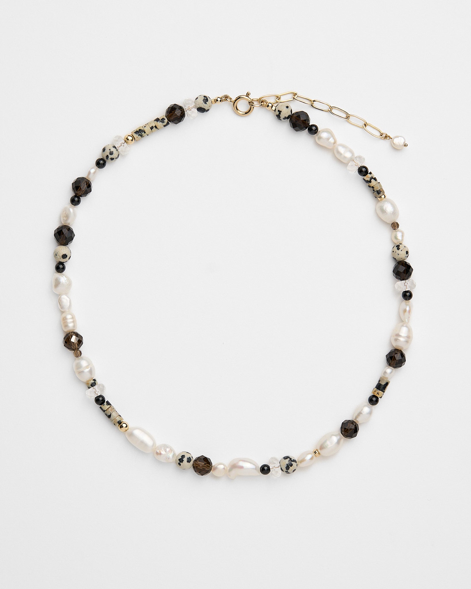 Stand Strong - beautiful pearl, smoky quartz and dalmatian jasper beaded necklace for strength and grounding