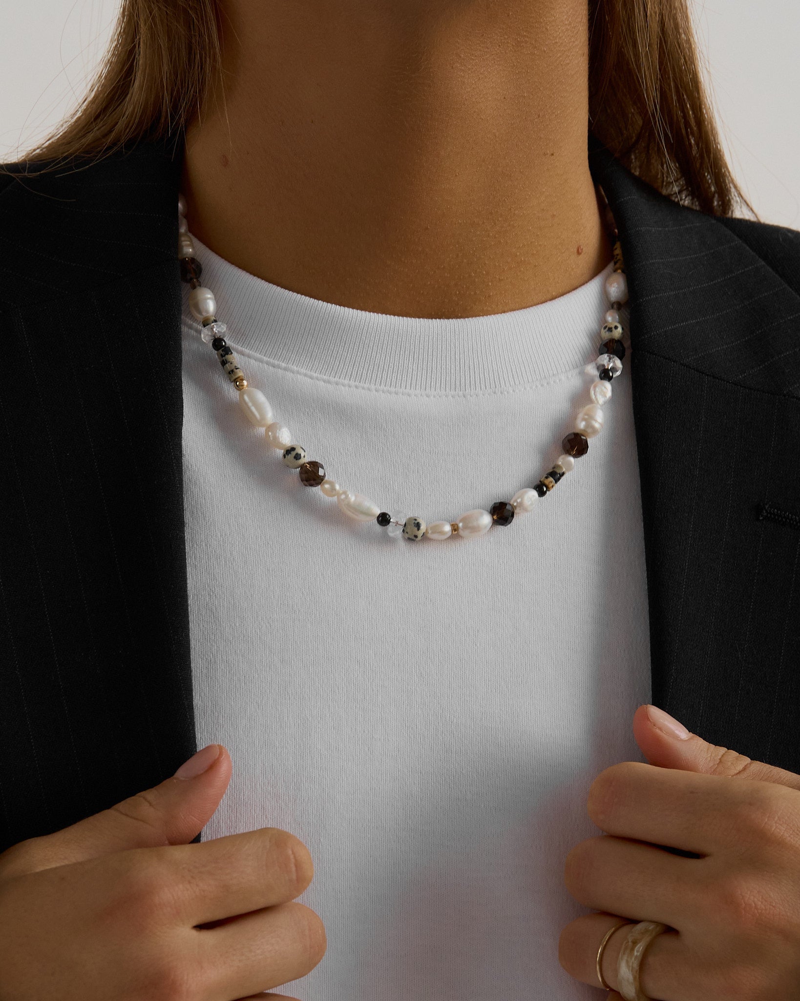Stand Strong - beautiful pearl, smoky quartz and dalmatian jasper beaded necklace for strength and grounding